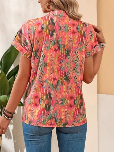 Image of LIRIT Women Orange Printed Button-Down Shirt | Short Sleeves, Collared Neck & Casual Fit | Women's Shirt & Top