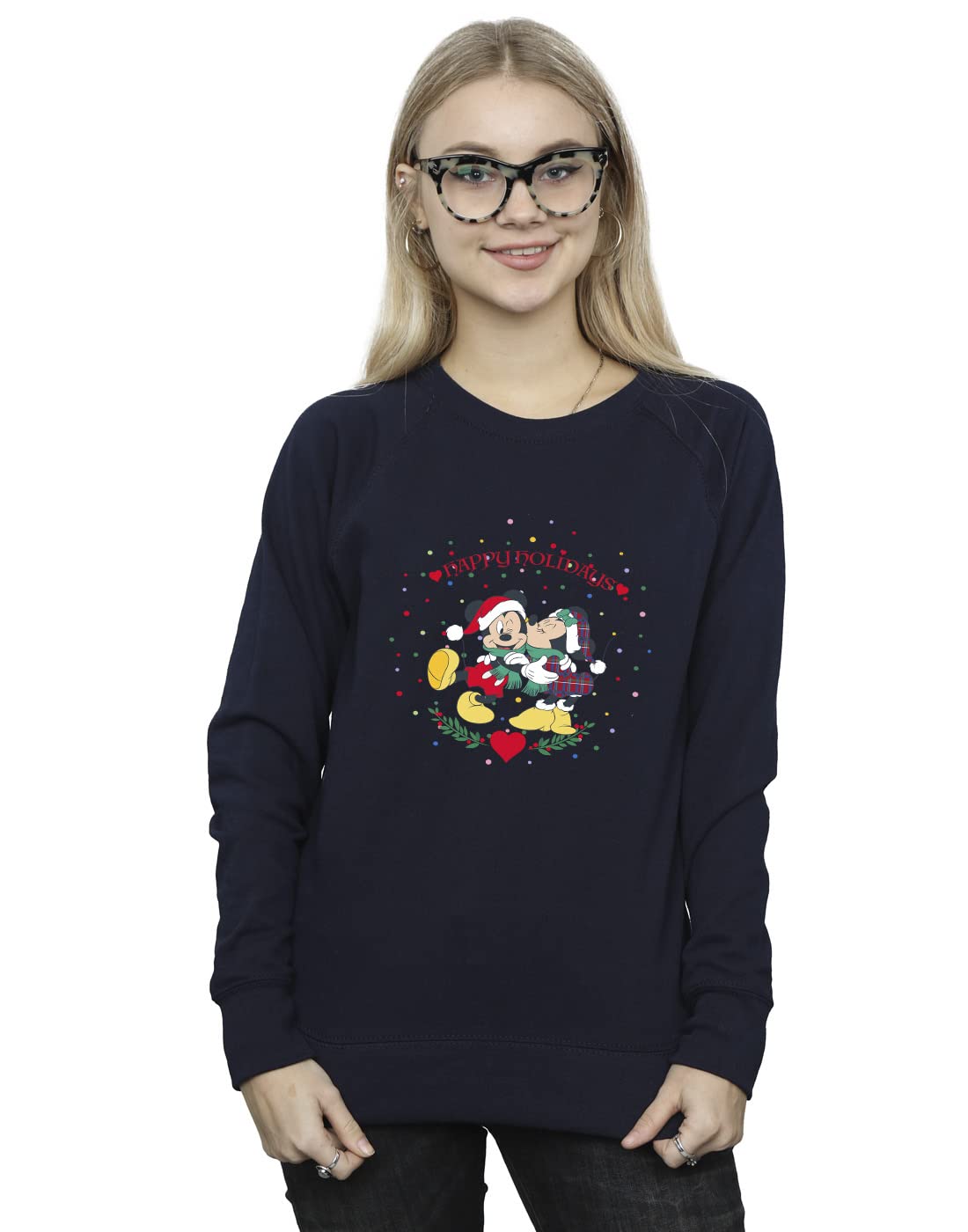 Absolute Cult Women's Navy Blue Disney Mickey Mouse Mickey Minnie Christmas Sweatshirt Small