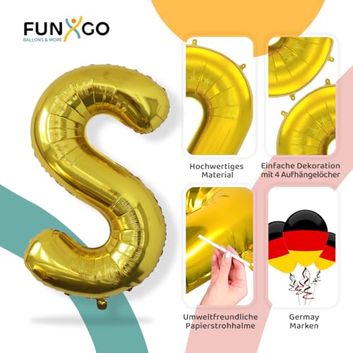 FUNXGO XXL Folienballon Buchstabe S Gold Glänzend ca. 100cm - Riesen Alphabet Ballon - Helium oder Luftfüllung - Ideal für Geburtstag, Hochzeit, Jubiläum, Party Deko & JGA - Ballon S Gold