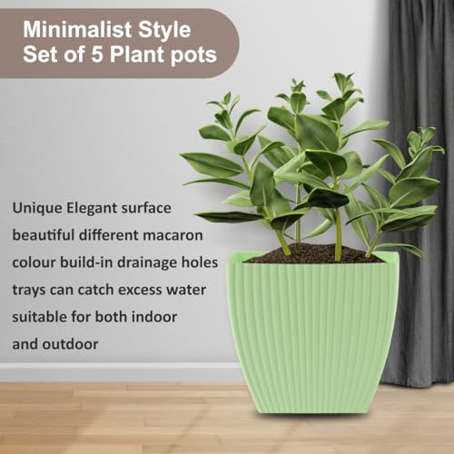 Image of HOMIFLY 5 Pack Plastic Square Flower Pots with Drainage & Bottom Tray /Lightweight, UV & Weather Resistant /6.5 Inch Planters for Indoor /Outdoor /Home /Balcony /Terrace /Garden Plant Pots (Green)