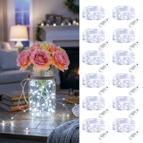 Image of Minetom 12 Pack White Battery Operated Fairy String Lights 8 Modes | 7ft 20LED Waterproof Silver Wire Twinkle Lights, Firefly Starry Moon Lights for Mason Jars DIY Christmas Wedding Part