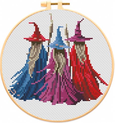 Image of VIGEGU Witch Stamped Cross Stitch Kits for Adults Beginners with Hoop Frame