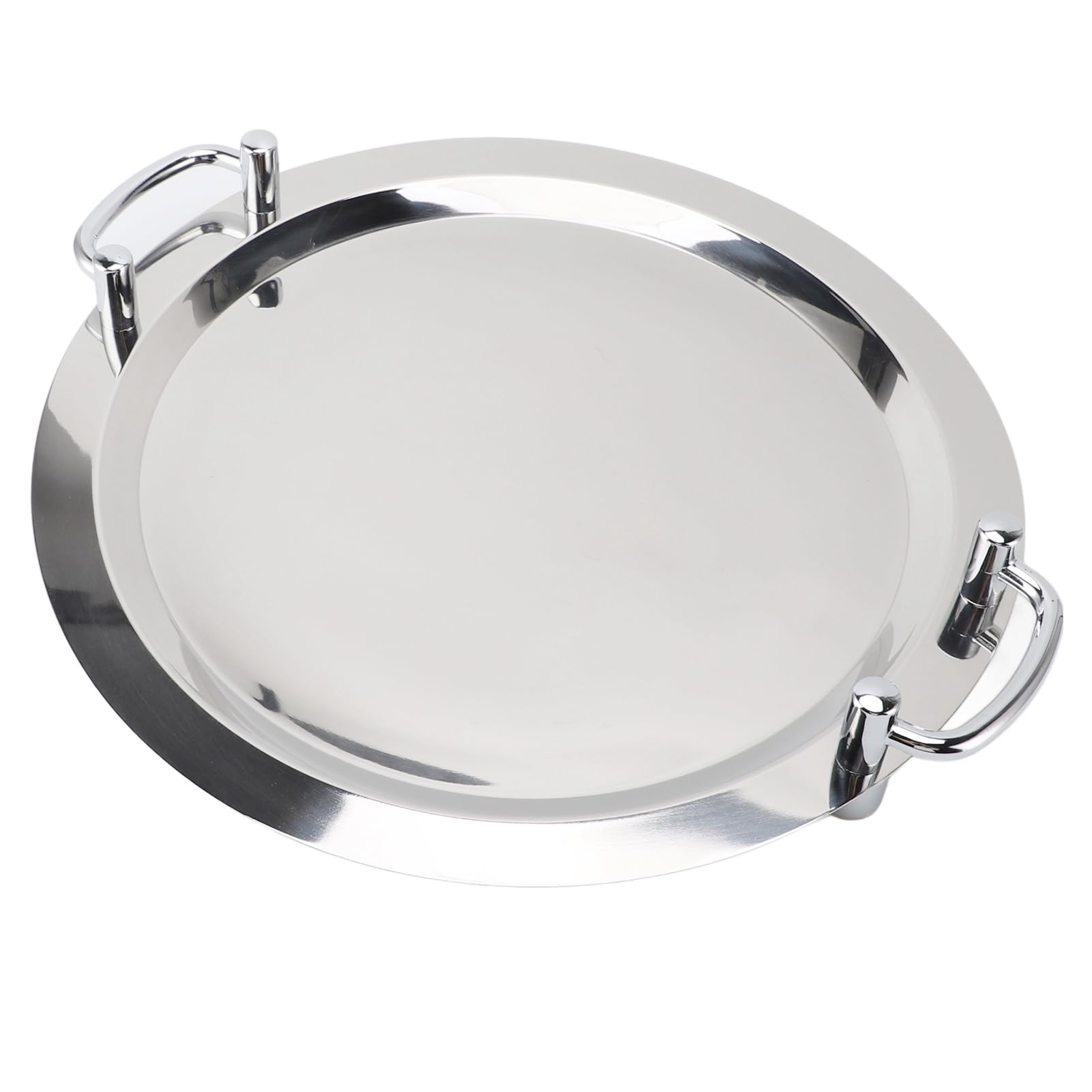 Bandeja de servicio elegante de acero inoxidable con asa, para hotel, restaurante, buffet, acero inoxidable 304 (forma redonda con mango plateado, 43 cm)