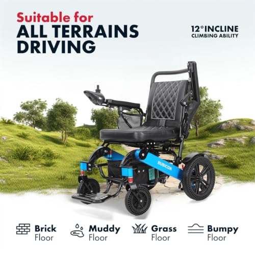 Image of Rubicon DX14 - Longest Range 30 Miles, Airline Approved Electric Wheelchair, Dual 12AH Lithium Batteries, 2x300W Motors, Leather Cushion, Foldable, Lightweight & Powerful (Blue)