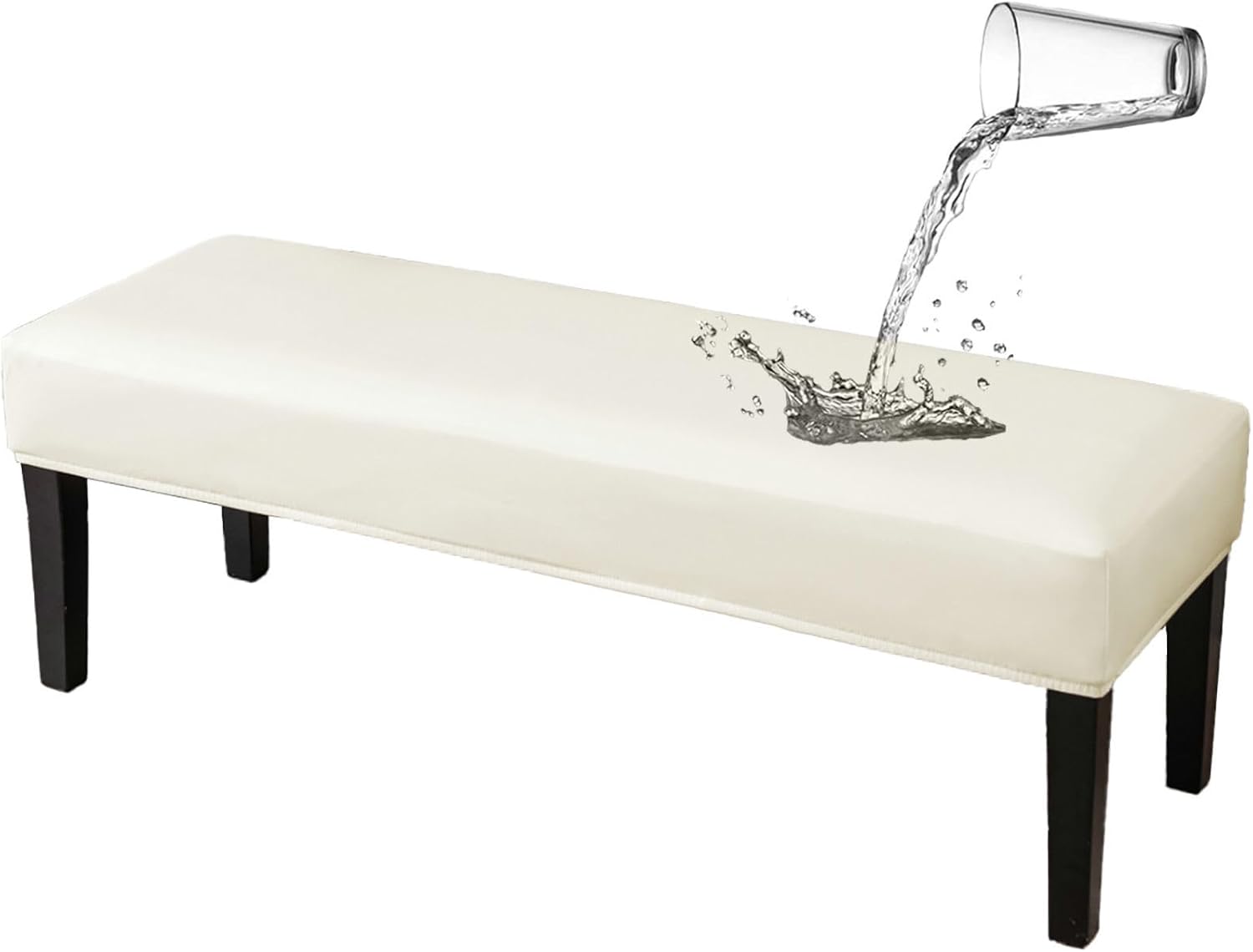 PU Leather Dining Bench Cover, Waterproof Stretch Upholstered Bench Slipcover Rectangle for Kitchen Spill Proof Stain Resistant Bench Seat Protector Cover Washable-Cream-Large