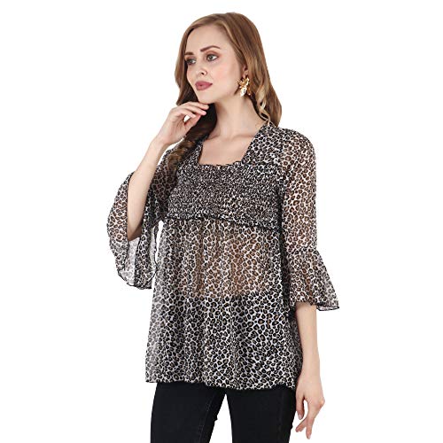 Image of POPWINGS Printed Chiffon Peplum Tops for Women || 3 /4th Sleeves Square Neck Women Tops for Summer || Stylish Western Smocking Women Tops