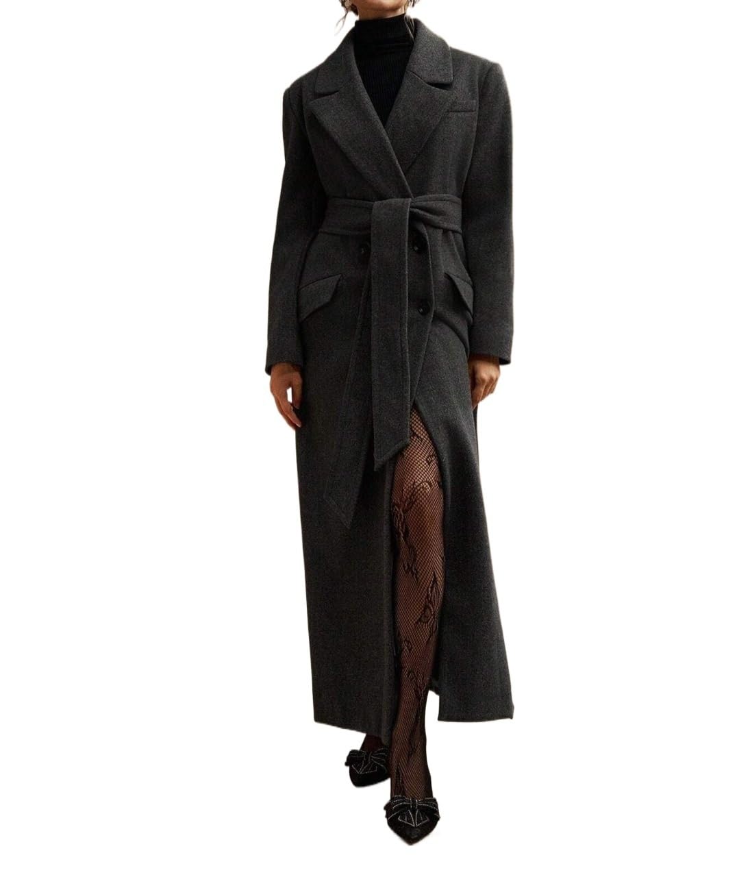 Womens Fashion Trench Outwear Midi Length Tied Waist Lapel Coat Jacket Coat