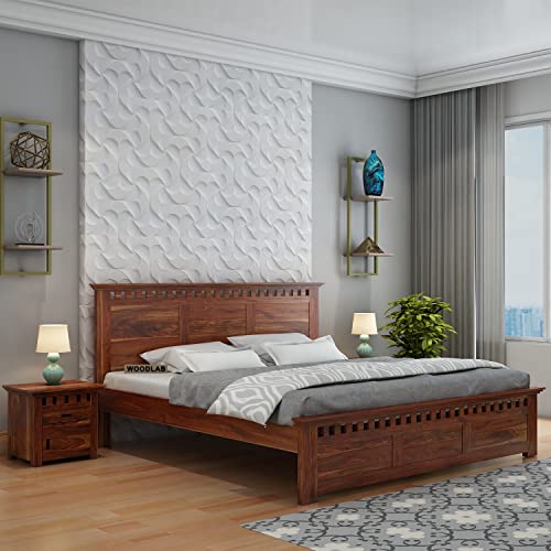Image of WOODLAB Furniture Solid Sheesham Wood King Size Bed for Bedroom Without Storage Wooden Double Beds for Living Room Honey Finish Cot Bed Furniture