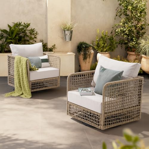 SUNSITT Outdoor Swivel Rocker Chair Set of 2 Open Weave Wicker Swivel Rocking Chairs with 5.5-in Thick Cushions Modern Rattan Patio Furniture for Deck Porch Balcony Backyard Natural Color