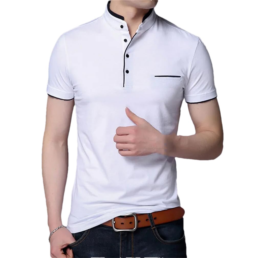 Męska koszulka ze stójką w jednolitym kolorze Slim Fit Button Casual T-Shirt Top