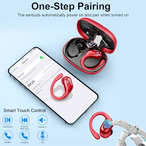 Image of Ltinist Wireless Earbuds, 75hrs Bluetooth 5.4 Headphone Sport, Bluetooth Earbuds Deep Bass Over Ear Buds with Earhooks, ENC Noise Cancelling Earphone Mic, IP7 Waterproof for Workout /Running /Gym Red