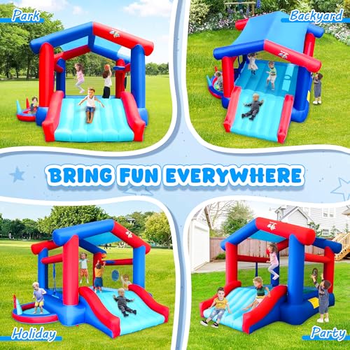 Bounce House with Slide, Kids Inflatable Bouncer with Sunshade Overhead Cover, Blower, 143 x 142 x 99 inches Backyard Bouncing Castle with Jumping Area, Ball Pit - Image 8