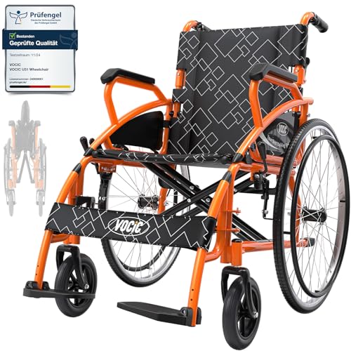 VOCIC U31 Rollstuhl faltbar leicht bis 150KG,17KG Faltbarer Outdoor Rollstuhl,Doppelbremsen Transportrollstuhl klappbar mit Selbstantrieb für Erwachsene,Pannensicher Reifen für Alle Terrain (Orange) VOCIC U31 Rollstuhl faltbar leicht bis 150KG,17KG Faltbarer Outdoor Rollstuhl,Doppelbremsen Transportrollstuhl klappbar mit Selbstantrieb für Erwachsene,Pannensicher Reifen für Alle Terrain (Orange)