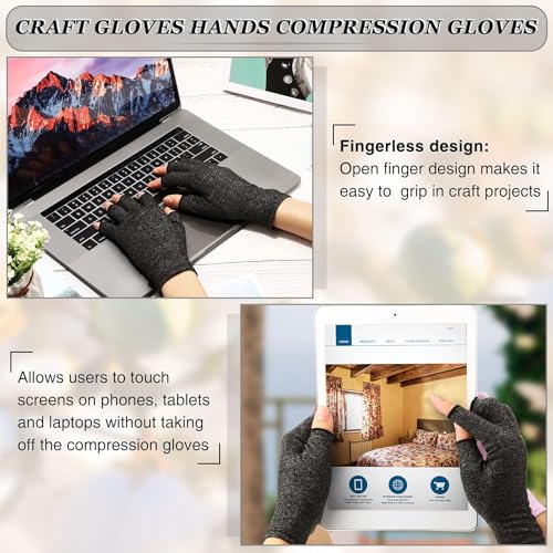 Image of 3 Pairs Compression Craft Arthritis Hands Gloves Fingerless Pressure Joint Relief for Quilting Sewing Typing Household Duties, Grey, Small