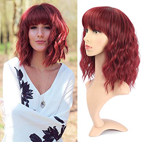 NAYOO Natural Wavy Wig With Air Bangs 12 inch Short Bob Wigs for Women's Shoulder Length Wigs Curly Wavy Cosplay Wig Bob Wig for Girls (Dark Red, 99J)