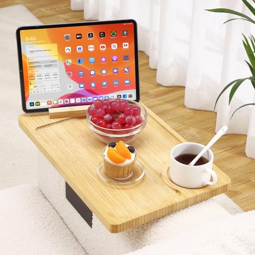 Siumir Couch Arm Tray, Super Stable/ 360° Rotatable Phone Holder/Cup Holder, Adjustable Bamboo Sofa Armrest Table Tray for Small Space