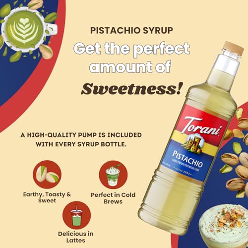 Image of Torani Pistachio Syrup 1L with Pump Nutty Flavoring for Lattes & Cocktails