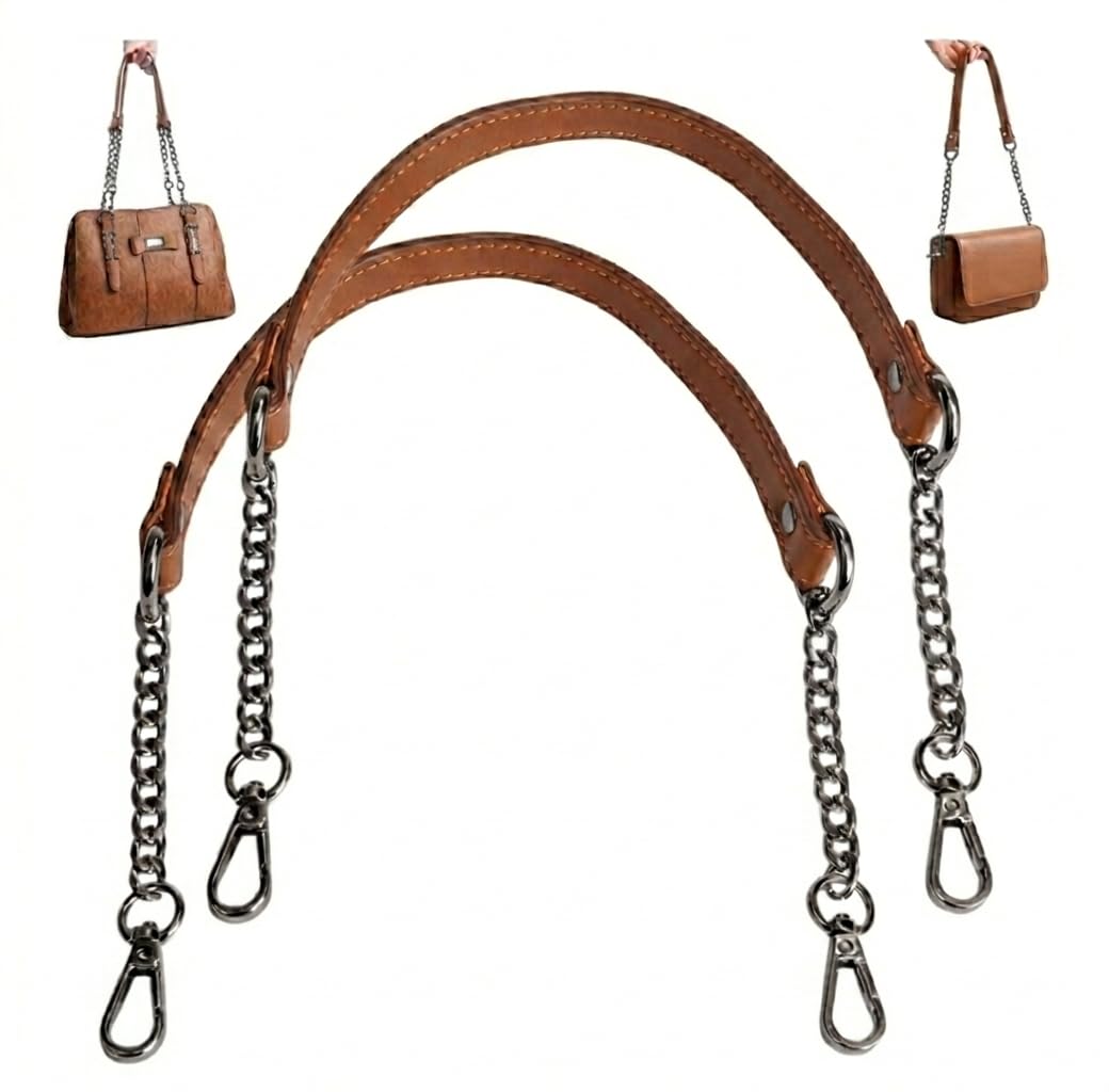 Bag Handles with Gunmetal Black Chain, Replacement PU Leather Bag Handles Brown Color for Tan Hand Bags Sling Bags Shoulder Bags Short Bags Etc, Length 24" Inches Set of 2.-image-39