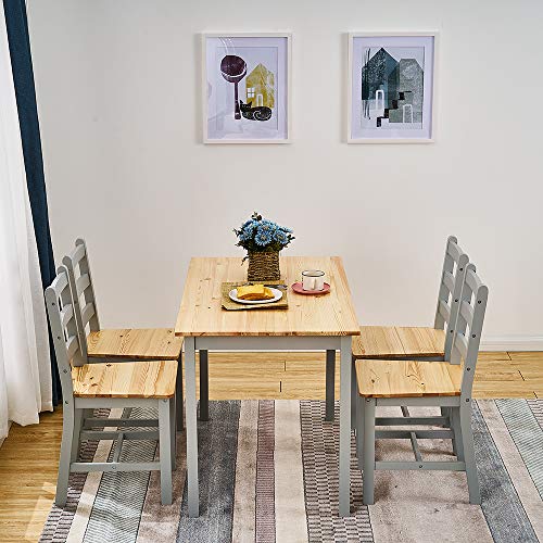 Panana Pine Wood Dining Table and 4 Chairs Set, 5-Piece Home Kitchen Furniture Set (Natural Grey) - Image 7