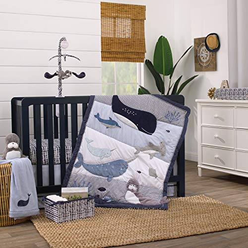 Image of NoJo Seas The Day Blue and White Whale, Narwhal, Sea Lion, Shark 4 Piece Crib Bedding Set - Comforter, 100% Cotton Fitted Crib Sheet, Crib Skirt, and Storage