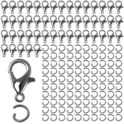 50 Stück Kettenverschluss,Armband Verschluss,Verschlüsse für Armbänder,Ketten Verschlüsse,Verschluss Kette,Schmuck Verschlüsse,Schmuckverschlüsse,mit 100 Biegeringe,für Schmuckherstellung,Grauschwarz
