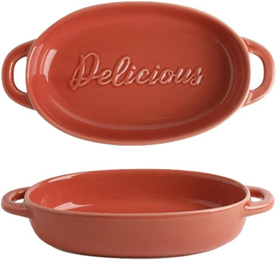 Baking Dish Retro Baking Dish Ceramic Bake Pan Binaural Cheese Pizza Bake Bowl Household Flavor Saucer Rectangle Dinner Dish 2 Pcs Bakeware (Color : White) (Red)