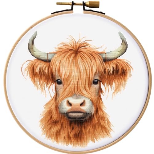 Generic Cartoon Baby Highland Cow DIY Stamped Cross Stitch Kits Easy for Beginners Children with Hoop 11CT Needlepoint Counted Embroidery Kits Art Craft Wall Decoration 12x12inch(6)