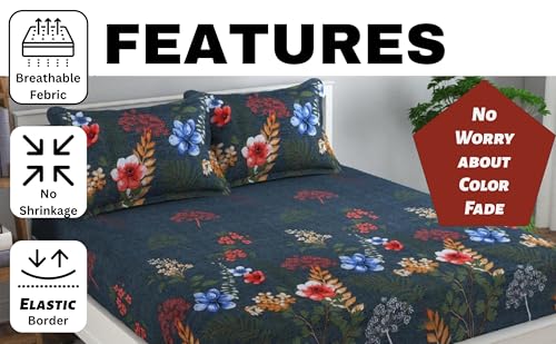 Image of Cotton Feel Glace Cotton Elastic Fitted Printed King Size Double Bed Bedsheet with 2 Pillow Cover(72 inchx78 inch,) Green Floral