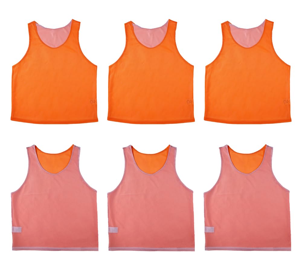 RE-HUO 6 PCS Reversible Pinnies Basketball Soccer Training Vest Double Sided Mesh Jerseys for Adult, Orange/White, XL