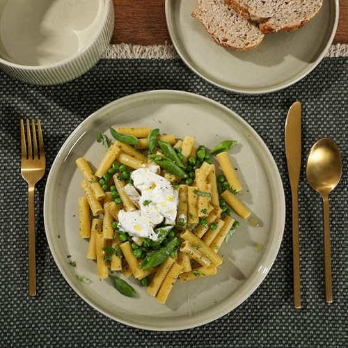 Image of Gibson Elite Solana Coast 12 Piece Stoneware Reactive Glaze (Service for 4) Ceramic Plates and Bowls Modern Shape Embossed Dinnerware Set - Green