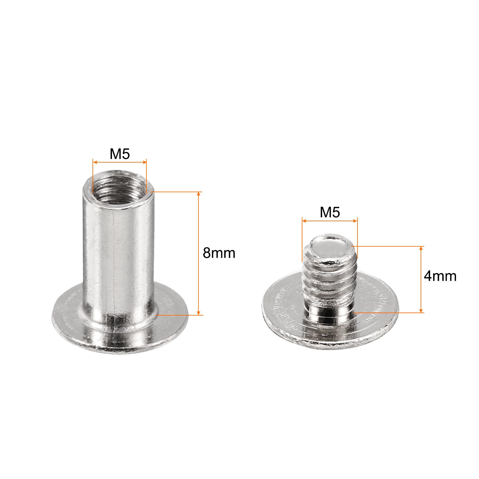 HARFINGTON 40 Sets Chicago Screws Leather Rivets, M5 3/16-Inch Belt Binding Metal Screws for Leathercraft, Bag, Shoes, Purse, Bookbinding, Silver, M5x8mm