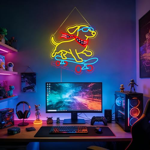 Image of Dachshund Skateboarding Neon Sign, Skateboard Dog Neon Signs for Wall Decor Cool LED Wall Art Decor, Dimmable Dog Lover Gift for Living Room, Bar, Shop, or Birthday Party (Dachshund -Blue)