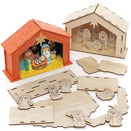 Baker Ross FC248 Kits de Establo de Madera de Pesebres - Paquete de 2, Manualidades de Madera para que los niños Decoren y Exhiban, Haz tus propias Decoraciones Navideñas