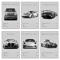 VOYANTE 6 Stück Super Auto Poster, Supercar Poster, Schwarz Weiß Supersportwagen Wandbilder für Jungen und Männer, Rennwagen Leinwandbilder für Wohnzimmer, Wohnzimmer, Geschenk für Autoliebhaber (C)