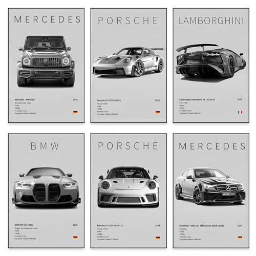 VOYANTE Lot de 6 posters super voiture, poster Supercar, noir et blanc, tableaux muraux pour garçons et hommes, voiture de course sur toile pour salon, cadeau...