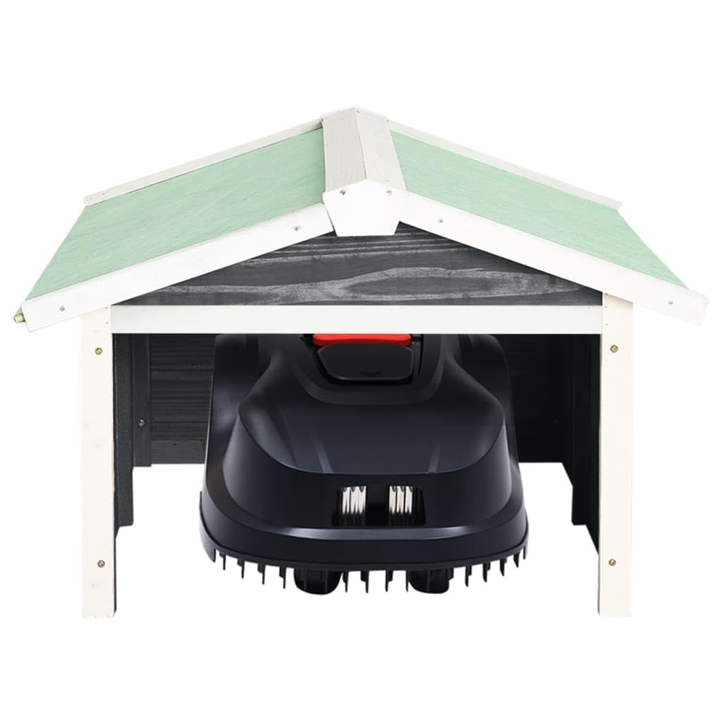 Robot cortacésped garaje de madera maciza de abeto 72 x 87 x 50 cm gris blanco funda impermeable para robot cortacésped y estación de carga en el jardín exterior