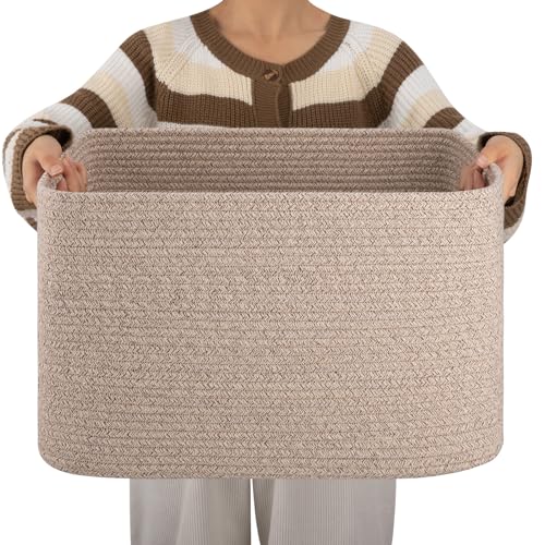 Image of OIAHOMY Cotton Rope Basket Rectangle Blanket Basket living Room Brown