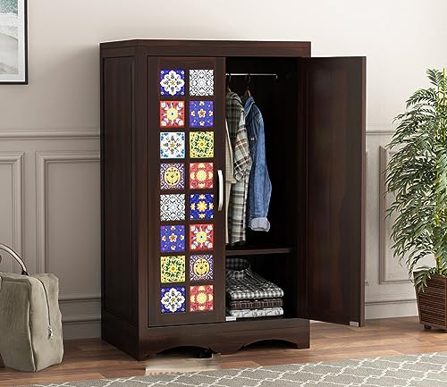 Image of Sheesham Wood Wooden 2 Door Wardrobe Organizer for Clothes | - Solid Wood Almirah with 2 Shelves - with Hanging Space Cupboard for Large Bedroom (Design 18)