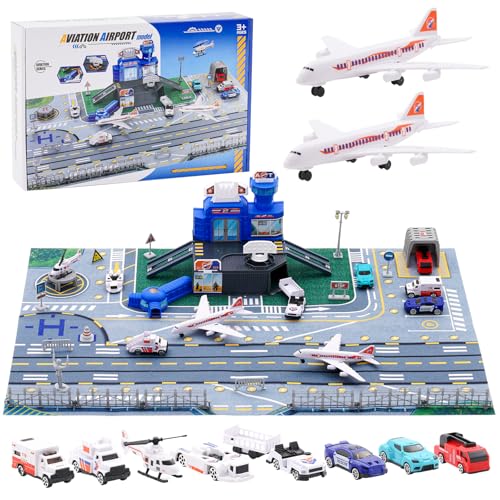 Avion Brinquedo, City Brinquedos para aeroportos Set com terminal, sinais de trânsito, helicóptero, camião de bagagem, rampas, garagem carros estacionamento brinquedo presente para meninos e meninas 3