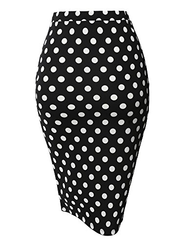 Fitted Stretch Printed High Waist Midi Pencil Skirt Black White Polka Size S #TOP1