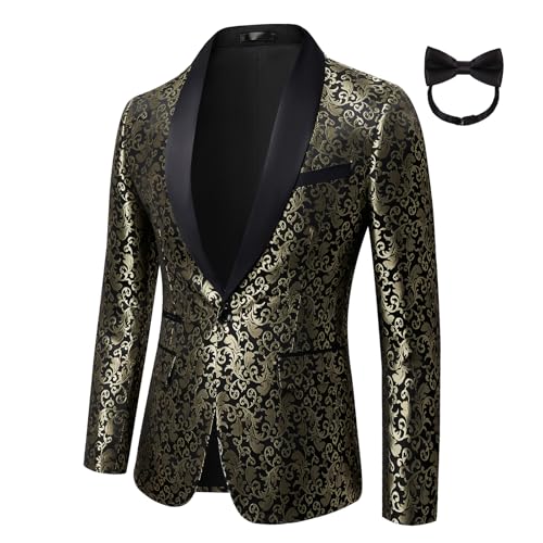 Mgnaie Prom Tuxedo for Men Fashion Floral Shawl Lapel Prom Party Suits Jacket with Bow Tie