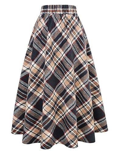 Long Plaid Skirts for Women Trendy 2023 Fall Fashion Teacher Outfits Winter Flannel Clothes High Waisted A Line Wool Pleated Maxi Skirt (L, Long Camel Navy) - Thumbnail 2