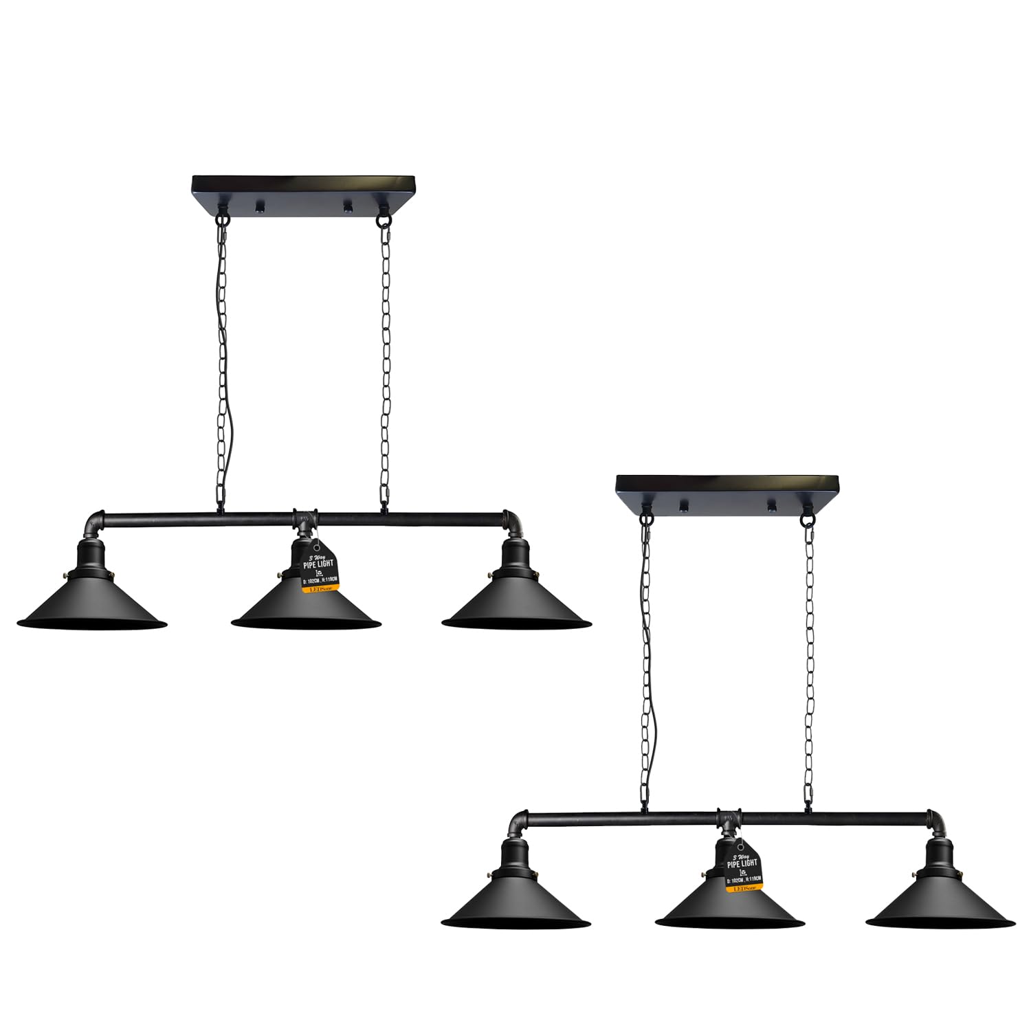 LEDSone Lampada a sospensione industriale 3 vie, paralume nero, tubo dell'acqua in metallo, attacco luce vintage, confezione da 2 (Nero, confezione da 2)