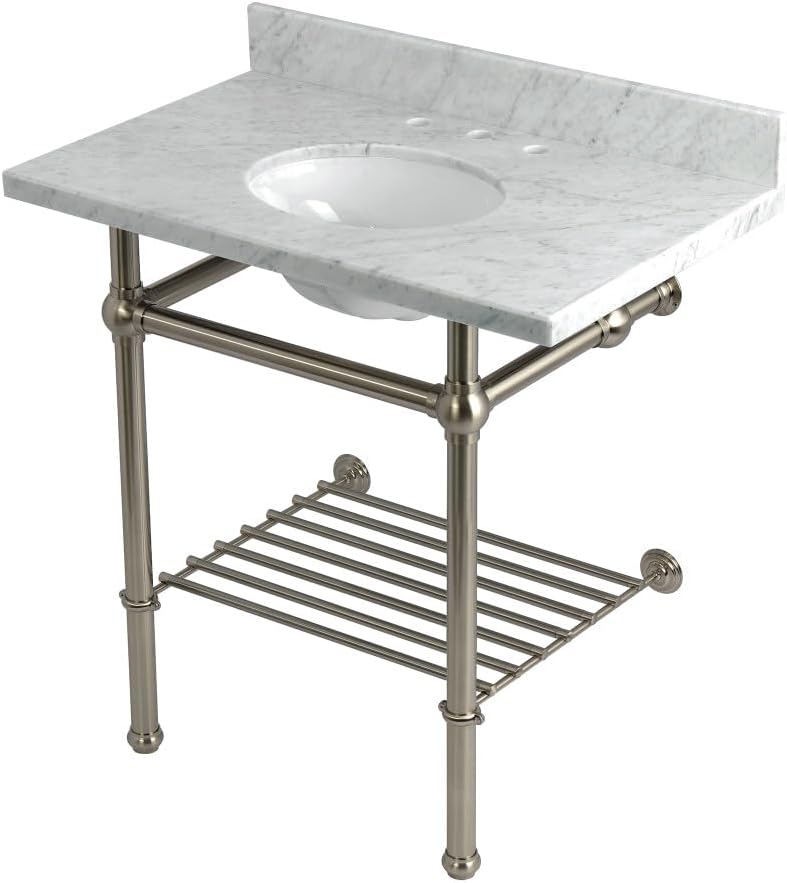 Kingston Brass KVPB36MBB8 Templeton 36" Console Sink with Brass Legs (8-Inch, 3 Hole), Carrara Marble/Brushed Nickel