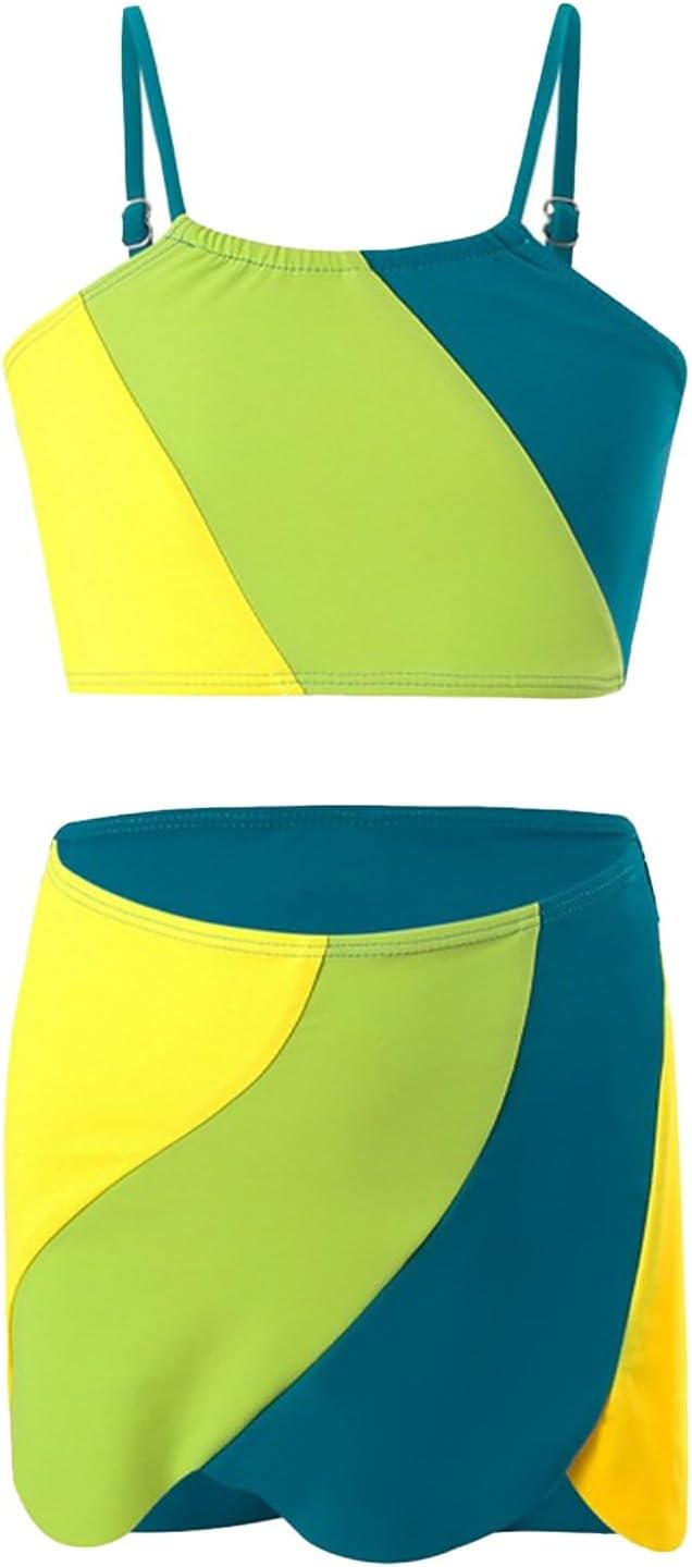 Girls Swimsuits 2 Piece Color Block Bathing Suits Beach Bikini Set Teen Summer Adjustable Straps Athletic Swimwear
