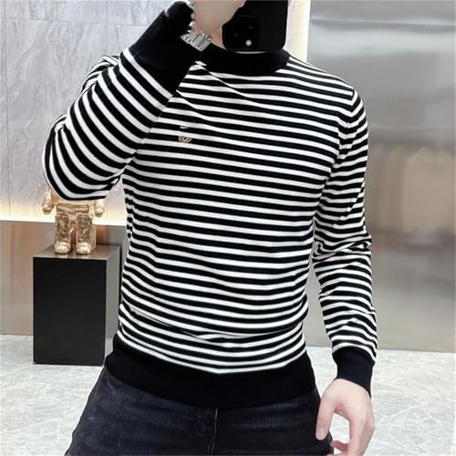 Men Korean Fashion Striped Embroidery Long Sleeve O Neck Slim Basic Pullover4