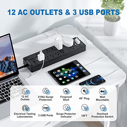 15 Ft Extension Cord Flat Plug Surge Protector Power Strip With Usb, Ntonpower 12 Outlets Surge Protector Wall Mount, 2100 Joules, 1875W, 15A Circuit Breaker For Home Office Dorm Essentials, Black #TOP2