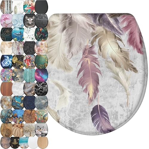 Image of Sanilo Wooden Toilet Seat with Quick Release & Soft Close [ROUND] - Decorative & Slow Close Molded Wood Seat - With One Click for Easy Installation & Cleaning - With Adjustable Fit (Feathers)