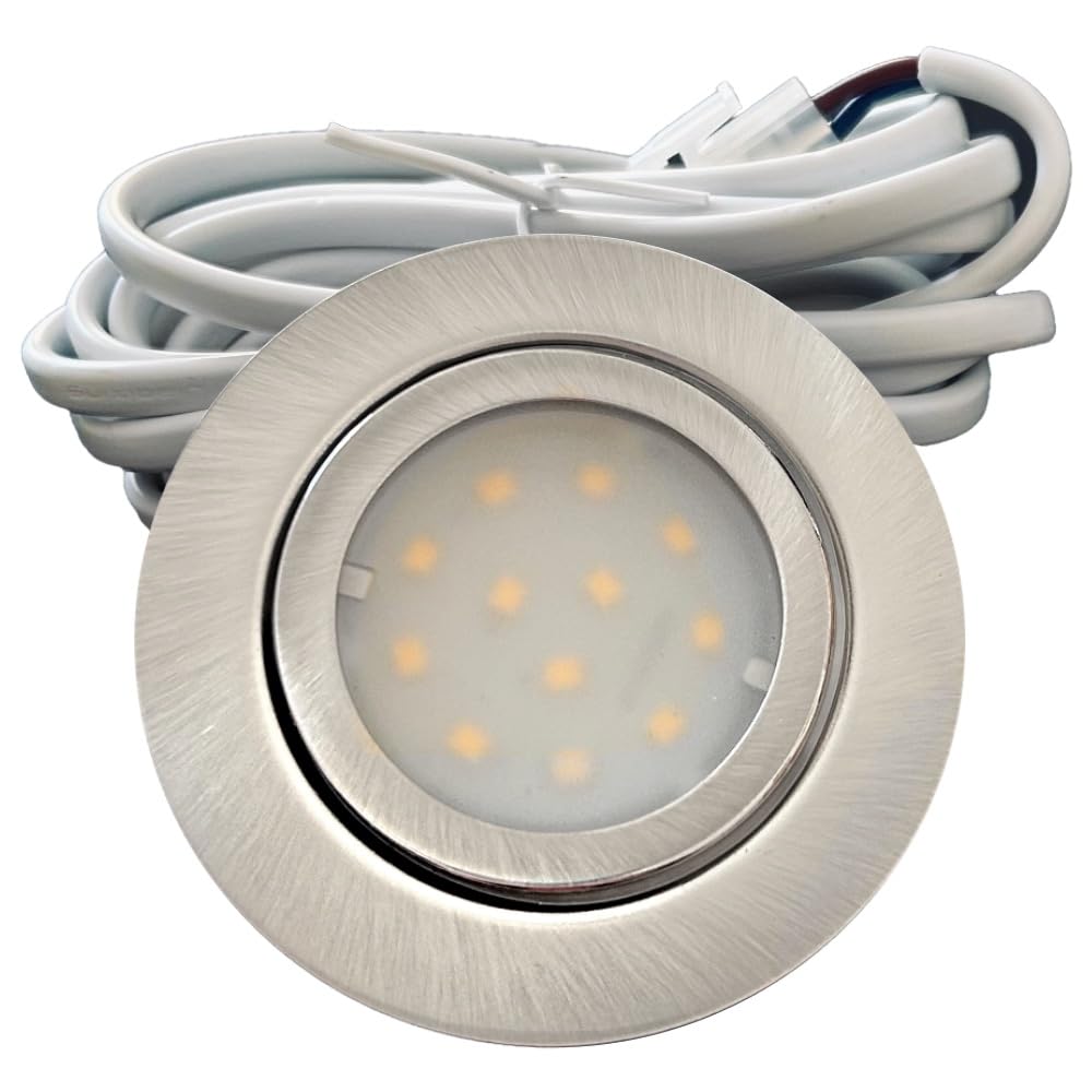 IP44 LED Möbeleinbauleuchte 12V flach 2 x 2,4W Möbelstrahler New Lina 200lm Edelstahl geb. inkl. LED Trafo und AMP Verteiler 3000K Warmweiß Lochausschnitt: 55 bis 60mm