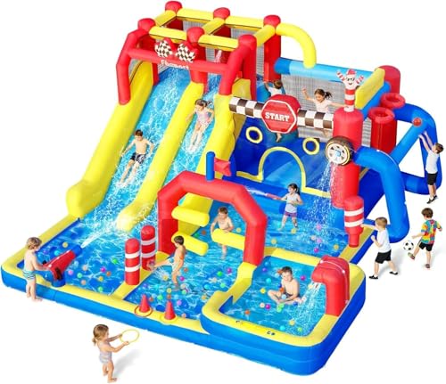 FBSPORT Aufblasbare Hüpfburg Wasserpark 12-in-1 Wasserpark für Kinder mit 750W Gebläse Doppel-Wasserrutsche Planschbecken & Kletterwand für Innen- und Außenbereich